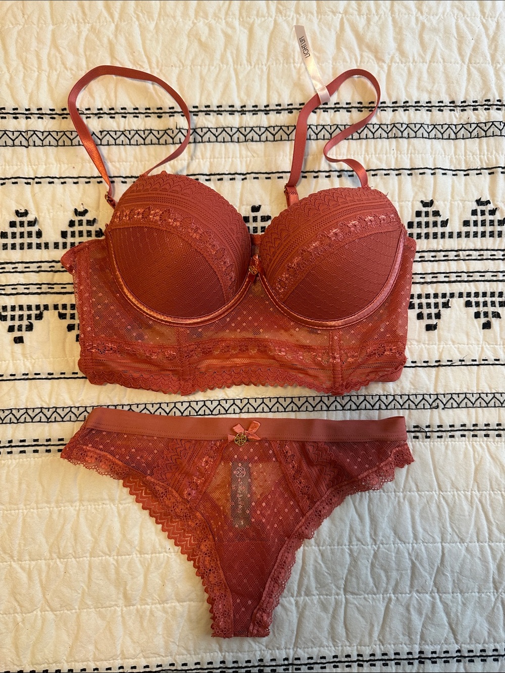 Daisy Fuentes Lace Longline Bra & Bikini Set - Rust